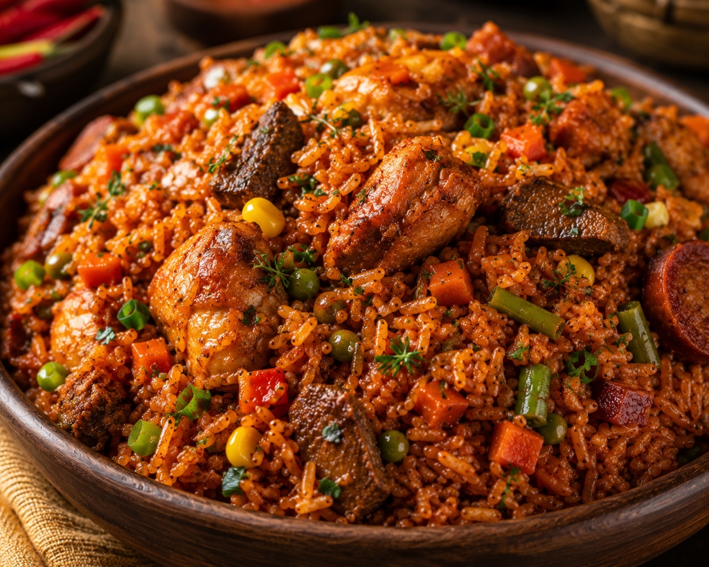 A generous platter of jollof rice and grilled chicken